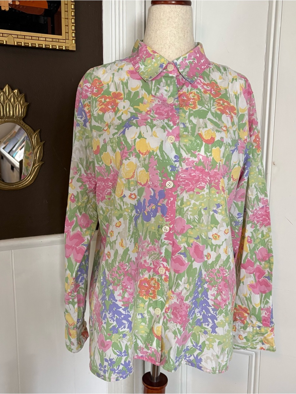 Vintage The Tog Shop Petites PM Floral Button Front Blouse Pink Green Cottagecor